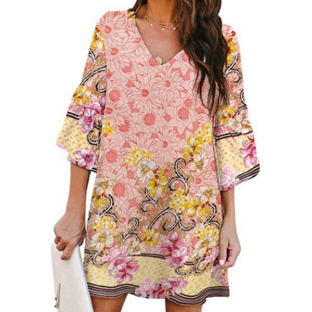 BELONGSCI V-Neck Bell Sleeve Mini Dress